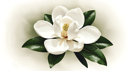 Obraz premium Serene Magnolia Blossom: Elegant, Realistic Digital Painting of a Single White Flower with Lush Green Leaves, Soft Lighting.