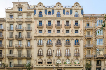 Ornate Art Nouveau Facade Of A Historic Building In Barcelona. European architecture, decorative details, urban residential, elegant design, classic building