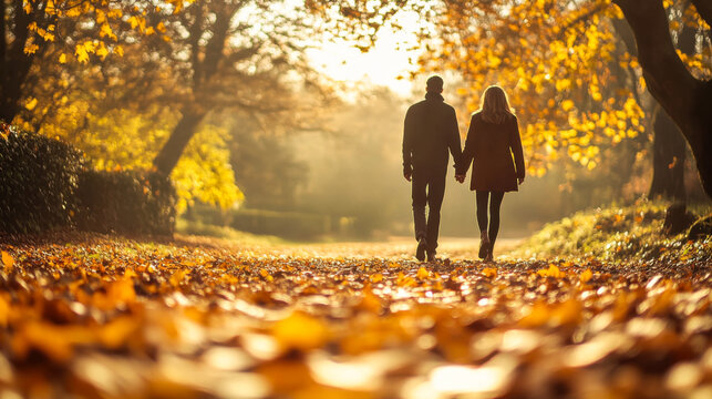 Romantic couple holding hands walking through golden autumn forest in sunlight