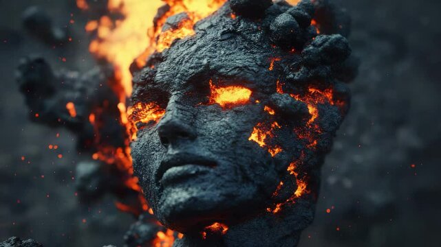 A burning head carved from stone with glowing eyes. Ideal for themes related to anger, destruction or mysticism.