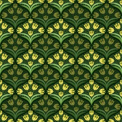 Seamless floral pattern with stylized yellow tulip-like flowers and green leaves on a dark green background. Perfect for fabric prints, wrapping paper, wallpapers, digital use, and surface decoration