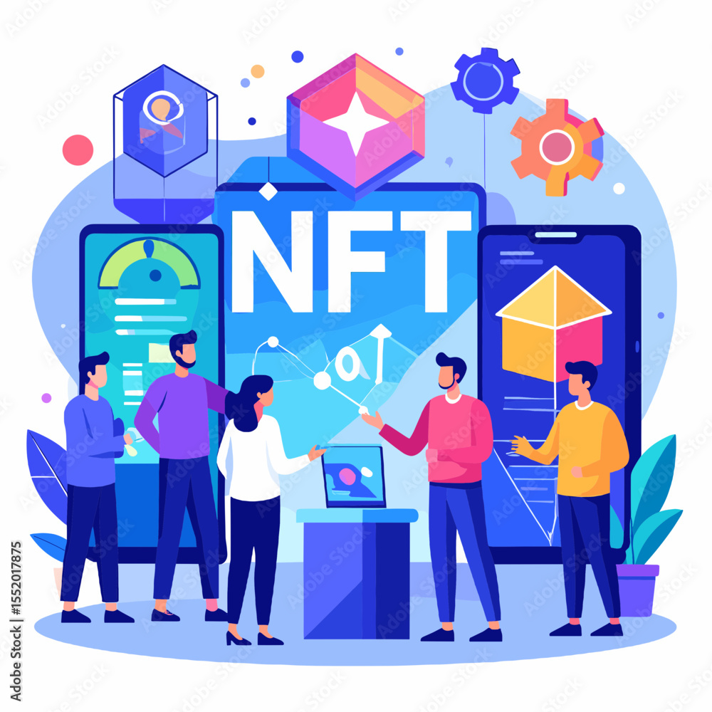 Poster team discussing nft technology with digital art assets and blockchain concept in white background ve