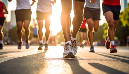 Group of runners in a race on a street during sunset with sunlight streaming through