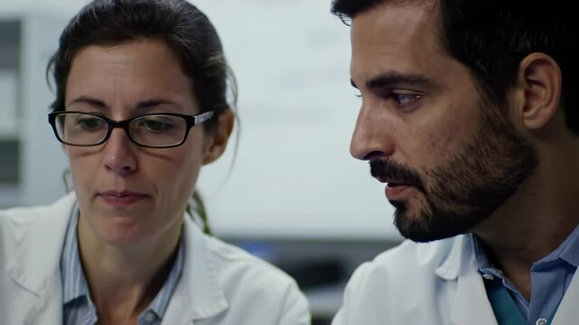 Close-up of two middle-aged doctors analyzing an X-ray scan together in a modern medical office