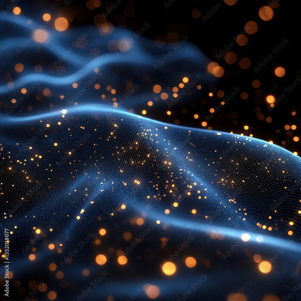 Poster blue particle simulation mesh in digital wave pattern