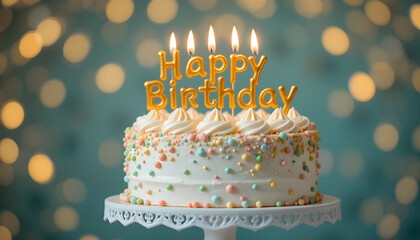 Festive white birthday cake decorated with pastel sprinkles and lit golden candles spelling out happy birthday