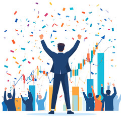 Triumphant Businessman Celebrating Financial Success with Upward Chart and Falling Confetti Illustration in Blue Suit on White Background