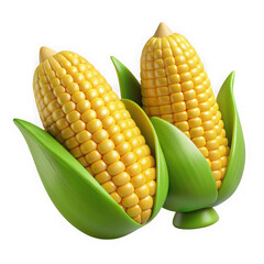 Two bright yellow corn cobs with green husks isolated on transparent background