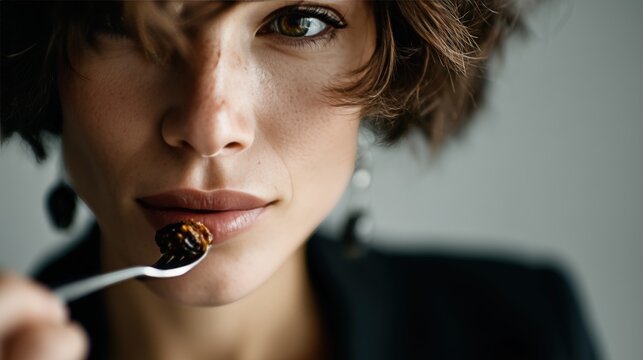 femme aux yeux verts tenant une fourchette pres des levres