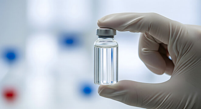 Close-up photo of gloved hand holding vaccine vial with no label, clean blurred laboratory background, medical and science concept JPG
