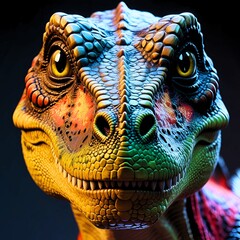 Fototapeta premium the face of a dinosaur-like creature with brightly colored skin, predominantly blue and yellow, with detailed scaly textures