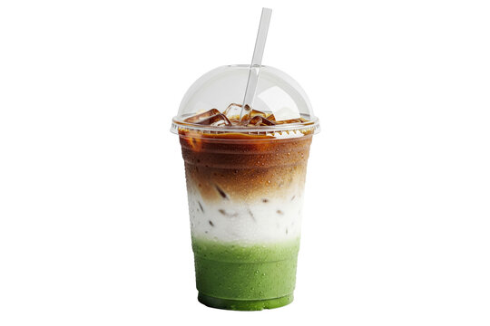 iced dirty matcha latte with a shot of espresso in a plastic cup