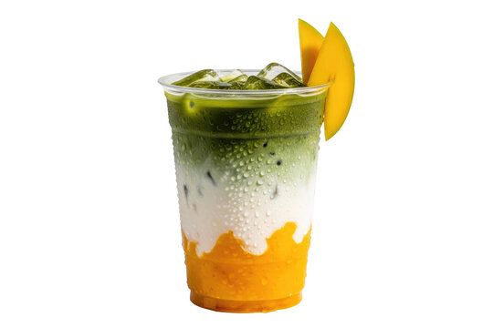 iced mango matcha latte with fresh fruit garnish in a plastic cup