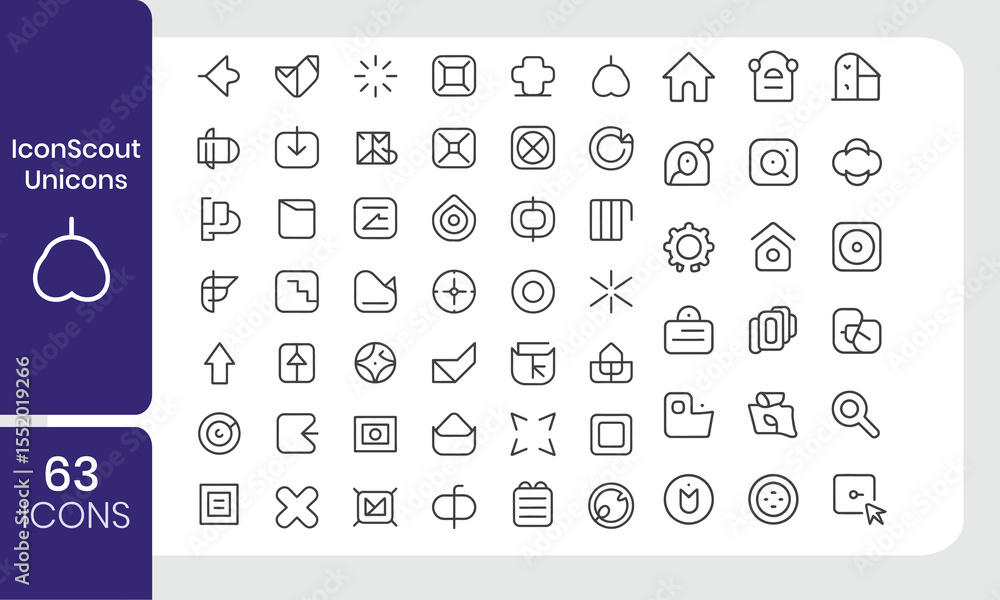 Poster collection of 63 modern and minimalistic outline icons for user interface and design elements