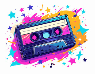 Vibrant Cassette Tape with Colorful Splatters Stars and Musical Notes Retro Audio Design with Abstract Background for Party Decoration Isolated on White