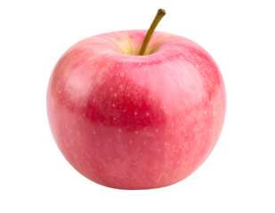 A single ripe pink apple with a stem isolated on a black background