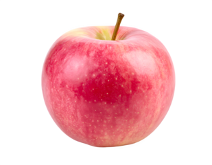 A single ripe red apple with a stem isolated on a black background