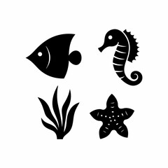 creative and simple minimal details Outline  sea animals, fish, algae set silhouette icon vector illustration