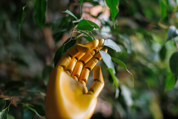 Robot hand gently touching green leaves in a natural setting during daytime
