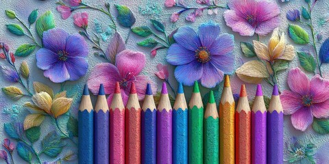 Colorful Crayons and Floral Design on Soft Pastel Background