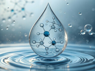 Blue water drop and molecules	