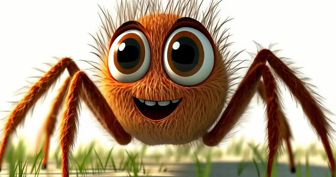 A cute, furry, orange spider animation on a white background with grass. The spider is smiling and looks happy.