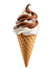 Delicious swirl of vanilla and chocolate soft serve ice cream in a waffle cone