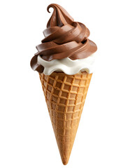 Delicious swirl of chocolate and vanilla soft serve ice cream in a waffle cone
