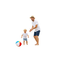 Father and young son playing ball on the beach, summer fun, joyful bonding, transparent background, PNG.