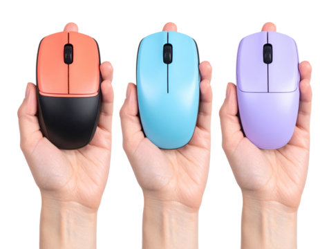  Set Hand-Held Computer Mouse Variants in Trendy Colors – Front and Side Views, isolated on a transparent background png