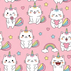 Charming cat unicorn pattern showcases cute kawaii kittens with vibrant rainbow tails on a pink background