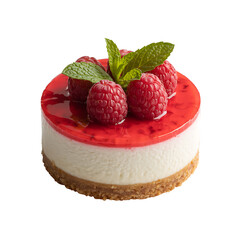 Delightful Raspberry Cheesecake: A single, exquisite slice of raspberry cheesecake, adorned with vibrant red raspberries and fresh mint, presenting a visually captivating treat for all occasions.