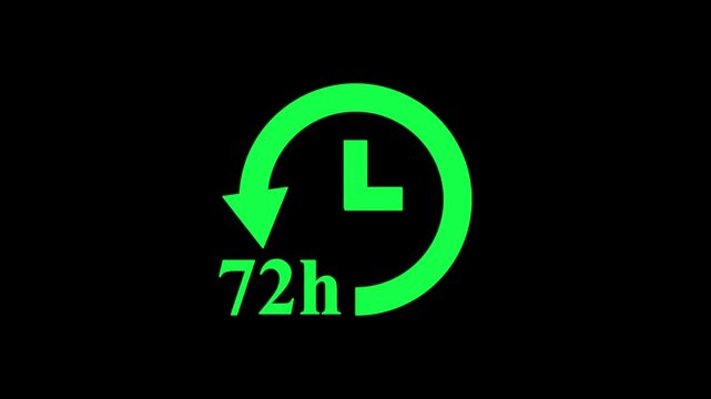 watch icon  animation of 72 hour.,timer concept of 72 hour left on black background.digital countdown 72 hour clock on black background.animated 72h countdown timer on dark background.