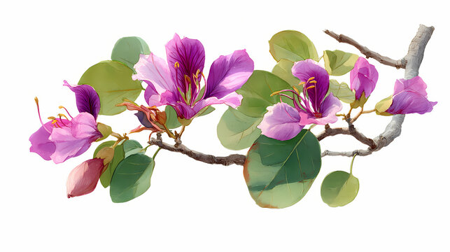 Watercolor Illustration of Bauhinia Kachnar Tree with Purple Flowers on White Background