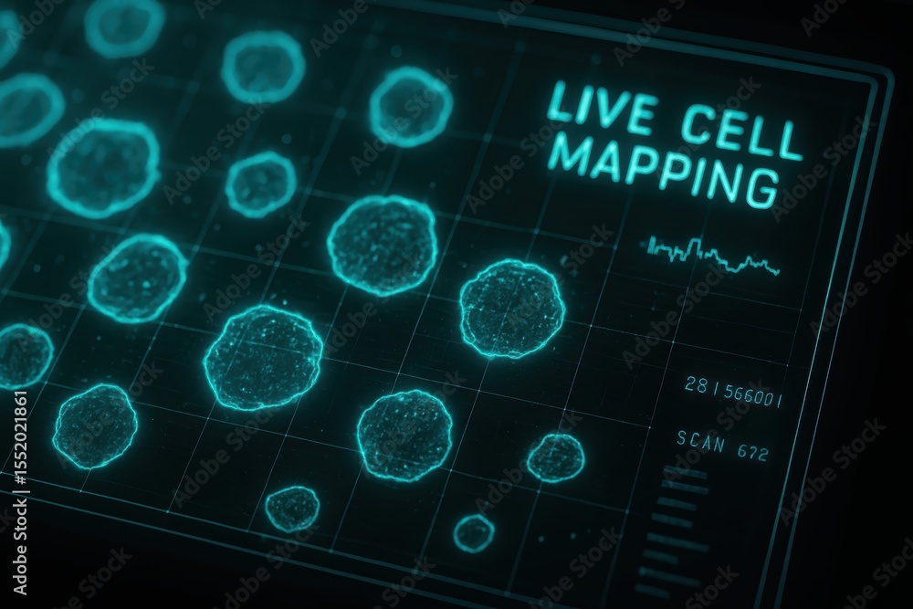 Poster digital interface showing live cell mapping with data visualization and scientific elements