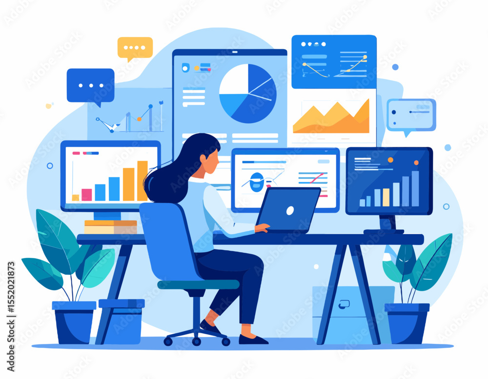 Aufkleber woman analyzes data on computer with multiple monitors displays charts and graphs at modern office d