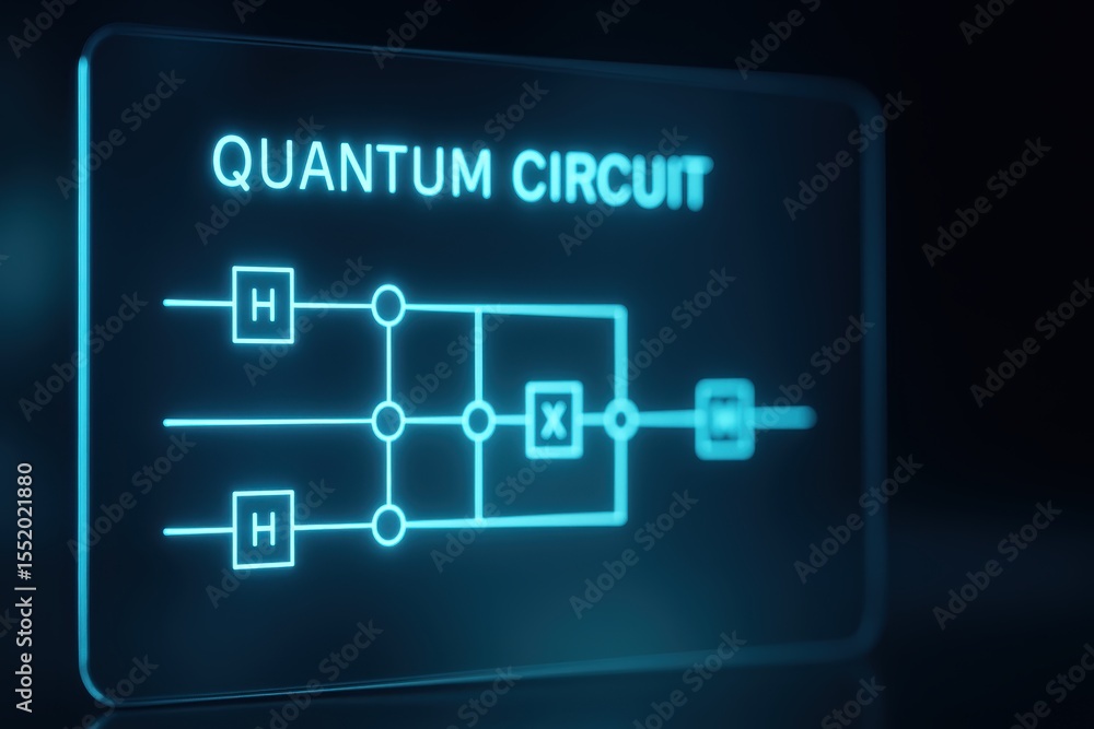 Poster quantum circuit diagram with blue glow on transparent display in dark background