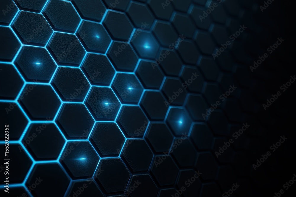 Poster modern hexagonal pattern with blue neon glow on dark background for abstract digital design
