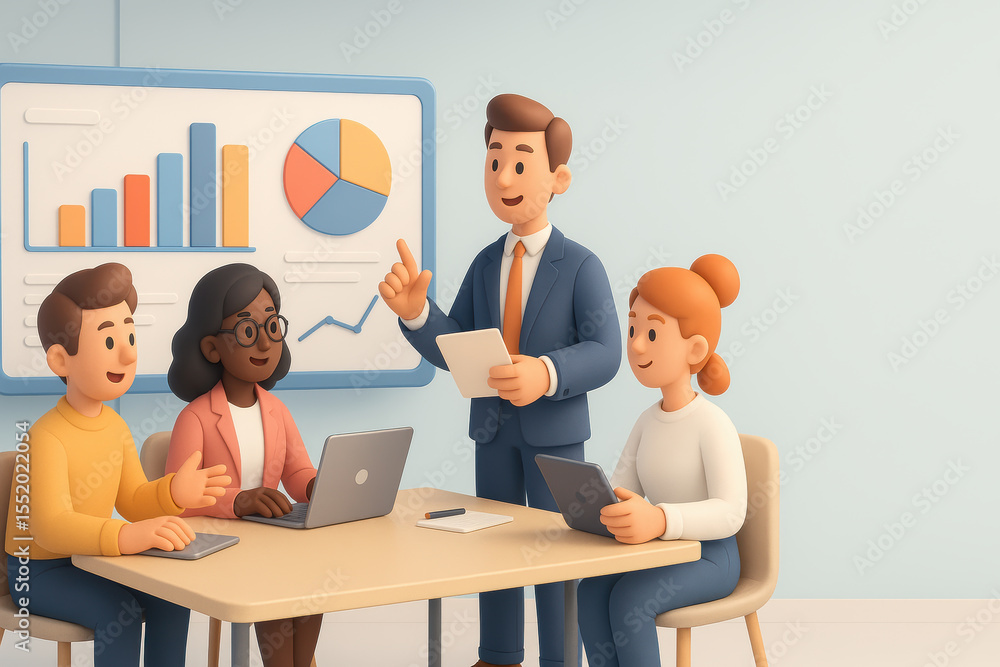 Poster business meeting with diverse team discussing data insights and strategy in modern office setting