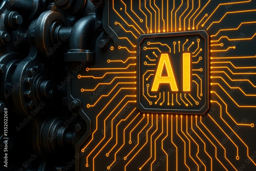 Poster futuristic circuit board design featuring ai text and intricate lines of electrical connections