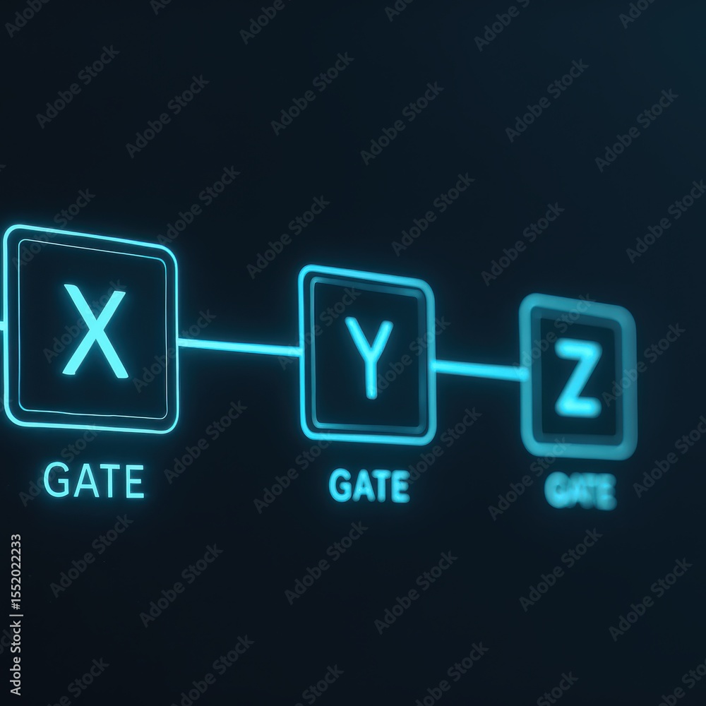 Poster digital concept of quantum gates in modern computing with visual representation of x, y, z