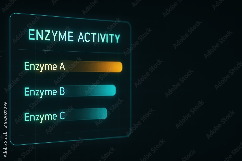 Poster enzyme activity measurement on dark background with glowing interface elements and graphical data