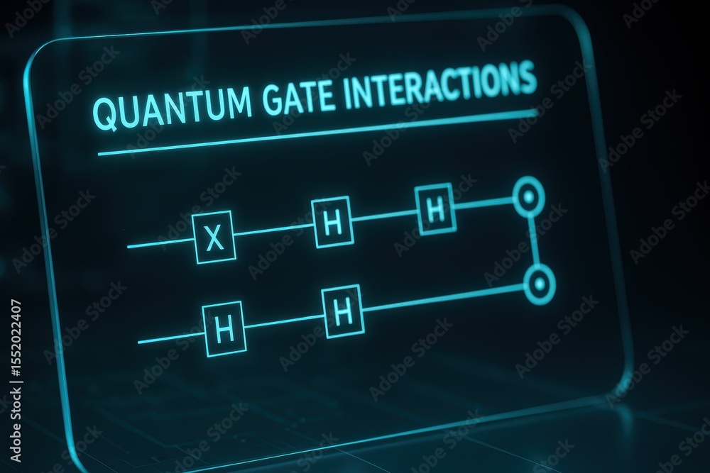 Poster quantum gate interactions visualization in modern quantum computing technology layout