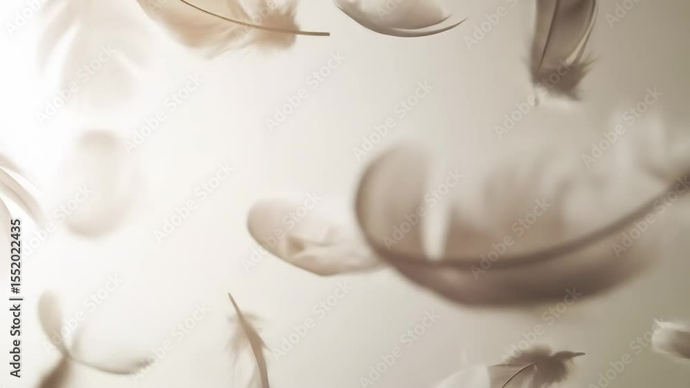 Poster close up of light flying feathers. white fluffy particles falling slowly from top. background textur
