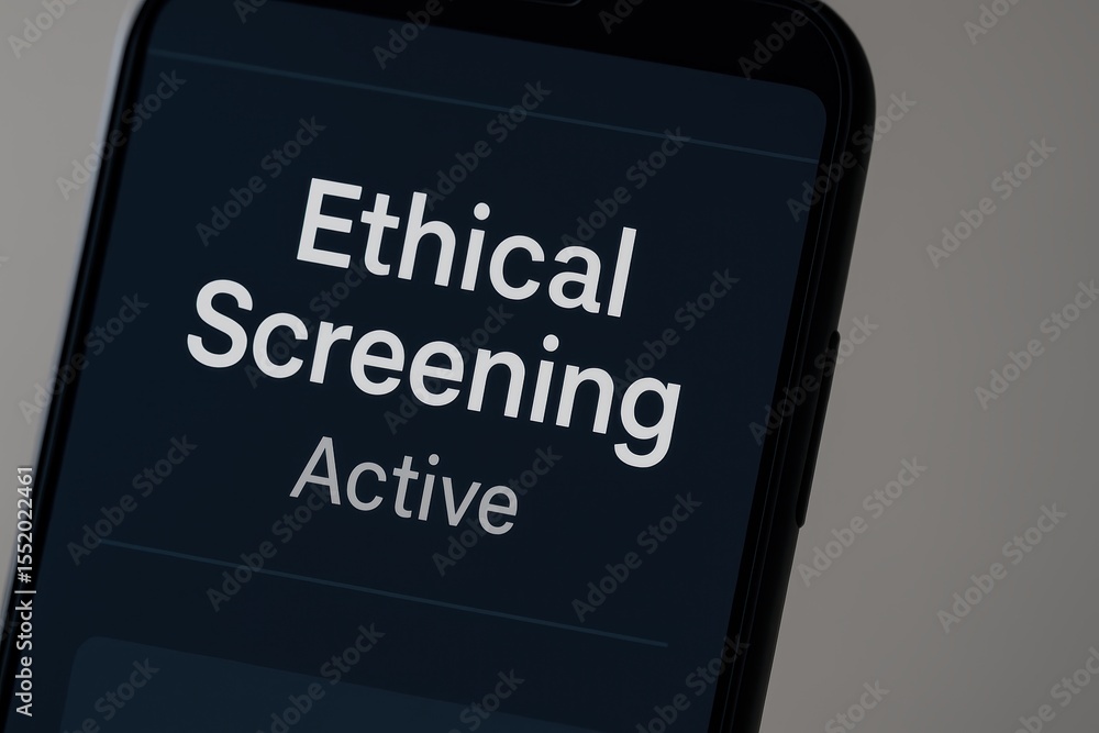Poster mobile interface displaying ethical screening status on smartphone with active indicator