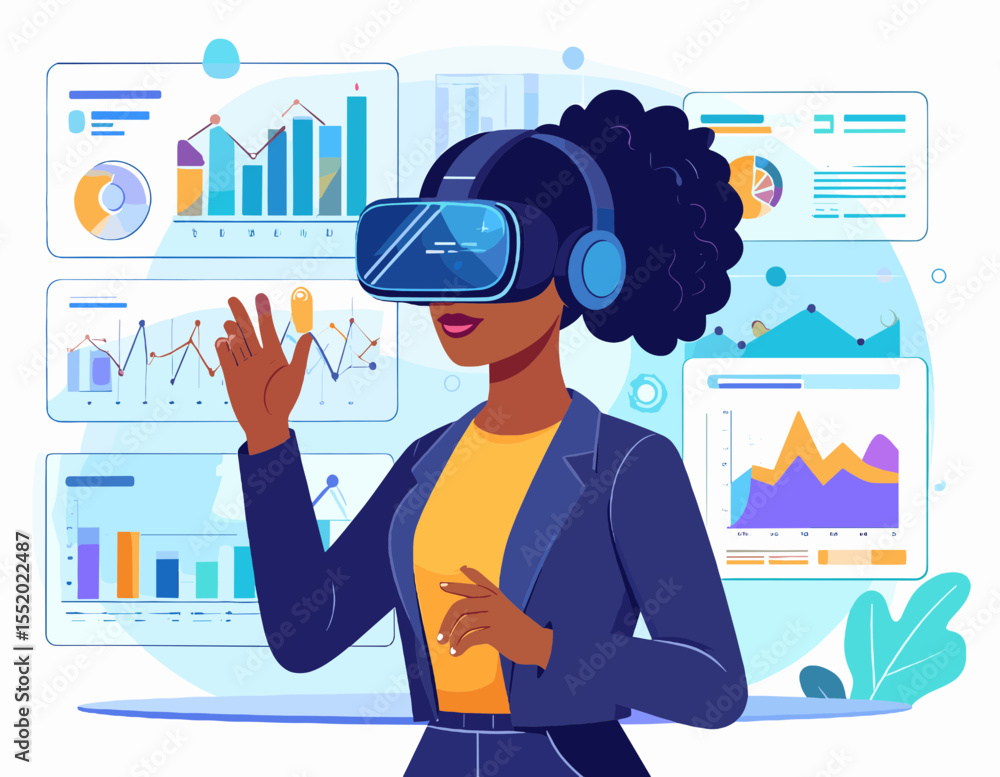 Poster woman with black afro wearing vr headset interacting with data analytics charts and graphs on a digi