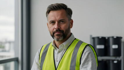 Man wearing a safety vest stands indoors looking at the camera with a serious expression