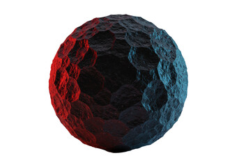 Obraz premium Abstract, charcoal grey and deep black spherical object with rugged, spiky surface like an alien asteroid fragment, isolated on transparent with contrasting red and blue dramatic light. Concept of