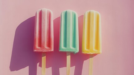 Three bright colorful ice-cream popsicle with shadow on the middle of pastel pink background.