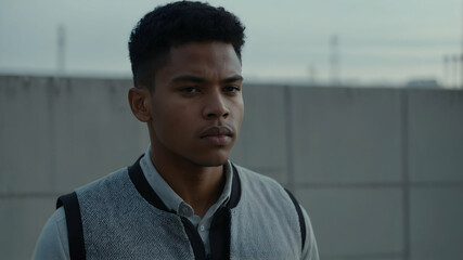 A young man in minimalist construction attire, plain gray backdrop and even light.

